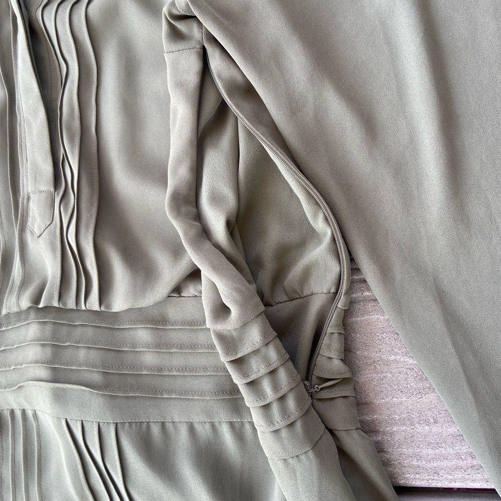 White House Black Market Olive Green Pleated V-Neck Long Sleeve Dress - Picture 8 of 16